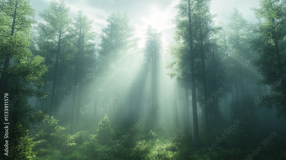Sunbeams illuminate a path through a misty forest, dappling the bluebells with light. Sunbeams illuminate a path through a misty forest, dappling the bluebells with light.