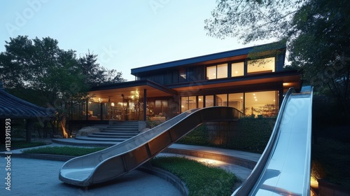 Wallpaper Mural Modern Home with Metal Slide and Lush Landscaping Torontodigital.ca