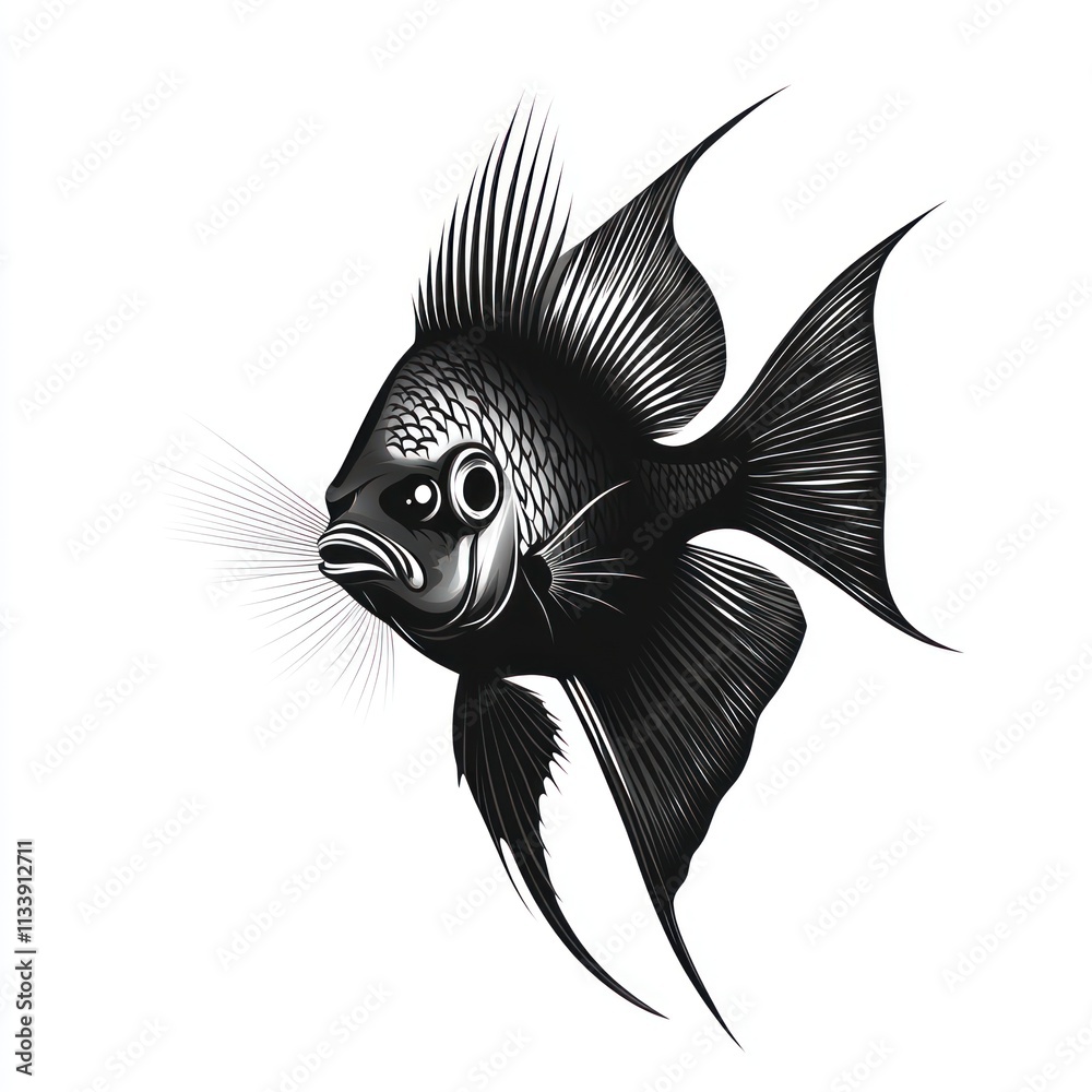 Fototapeta premium Monochrome illustration of a fish with detailed fins and scales.