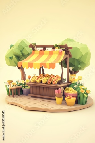 A low-poly illustration of a hot dog stand with a striped awning, surrounded by flowers, a table, and two trees. photo