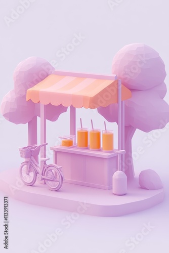 A low-poly rendering of a pink juice stand with a bike, trees, and a trash can, set against a light purple background. photo