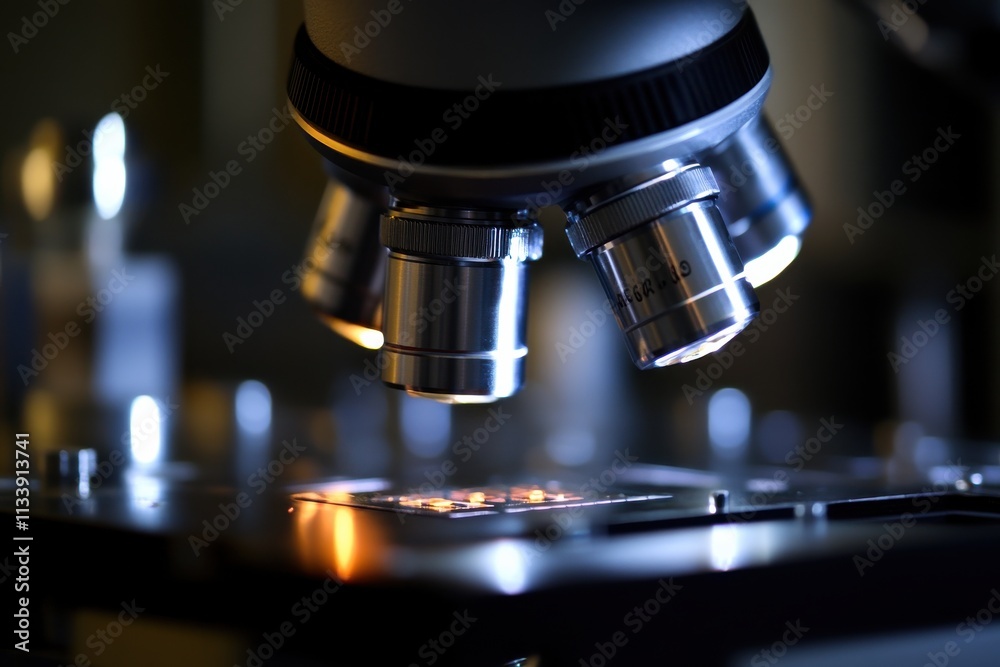 Detailed Close-Up of an Electronic Chip Under a Microscope in a Laboratory Setting Highlighting Advanced Technology and Precision Analysis Detailed Close-Up of an Electronic Chip Under a Microscope in a Laboratory Setting Highlighting Advanced Technology and Precision Analysis