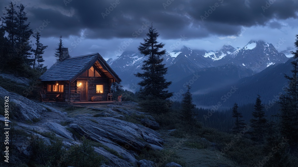 Mountain Cabin Illuminated at Dusk in a Majestic Setting Mountain Cabin Illuminated at Dusk in a Majestic Setting