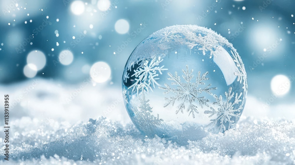Artistic close-up of frosted glass sphere swirling snowflakes create a serene winter wonderland atmosphere Artistic close-up of frosted glass sphere swirling snowflakes create a serene winter wonderland atmosphere