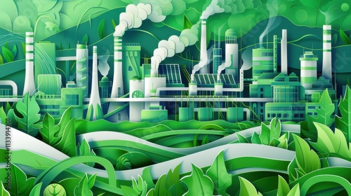 An abstract representation of a sustainable industrial park where factories are powered by renewable energy sources like biomass and solar photo