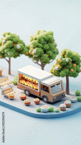 A miniature food truck parked in a park with trees and benches.