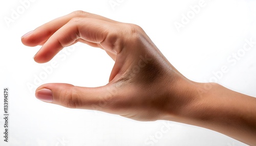 A hand is presented, fingers curled as if holding something, displayed on a white, isolated background.