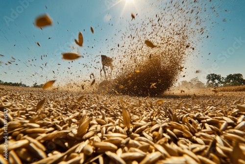Dynamic Capture of Paddy Grains Being Threshed in Bright Sunlight, Showcasing the Motion and Energy of Farming Scene Against Clear Blue Sky