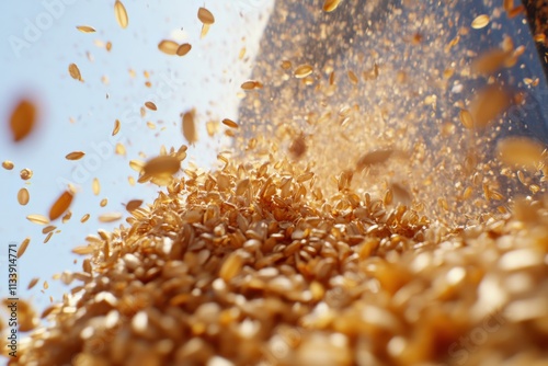 Dynamic Scene of Paddy Grains Being Threshed Under Bright Sunlight in Motion Capture, Showcasing the Vibrant Activity of Farming in a Gigapixel Resolution