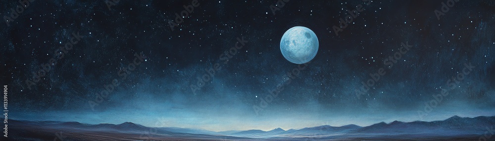 Starry night sky with a full moon illuminating the tranquil landscape. Starry night sky with a full moon illuminating the tranquil landscape.