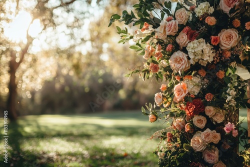 Spring wedding setup in garden, late afternoon light, floral arrangement details, with copy space photo