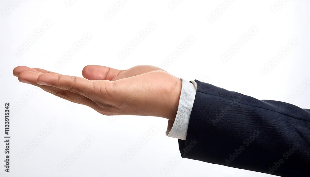 A man’s hand, palm open, appears against a white backdrop, wearing a suit jacket and shirt sleeve. A man’s hand, palm open, appears against a white backdrop, wearing a suit jacket and shirt sleeve.