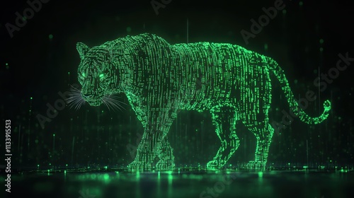 a tiger formed by glowing neon green digital code, The digital symbols are scattered, with some parts of the tiger more visible than others, creating a pixelated, glitch-like effect photo