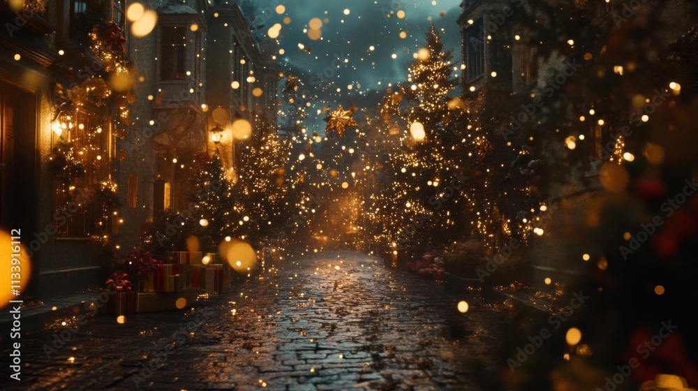 Naklejka premium Snowfall on a Cobblestone Street with Christmas Lights and Gifts