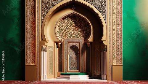 AI generative. Arabesque design of mihrab of mosque for islamic holiday greeting with green background. 1 photo