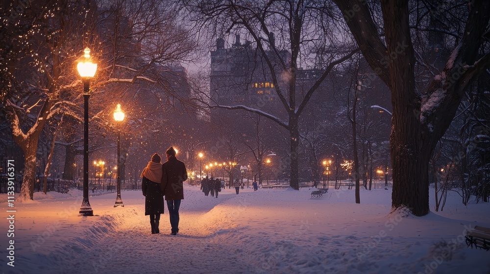 Snowy Evening Stroll in Park Snowy Evening Stroll in Park