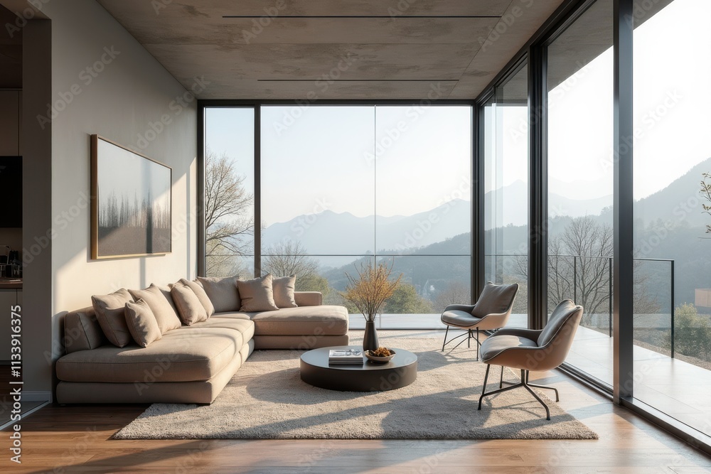 Fototapeta premium Modern Living Room with Scenic Mountain View