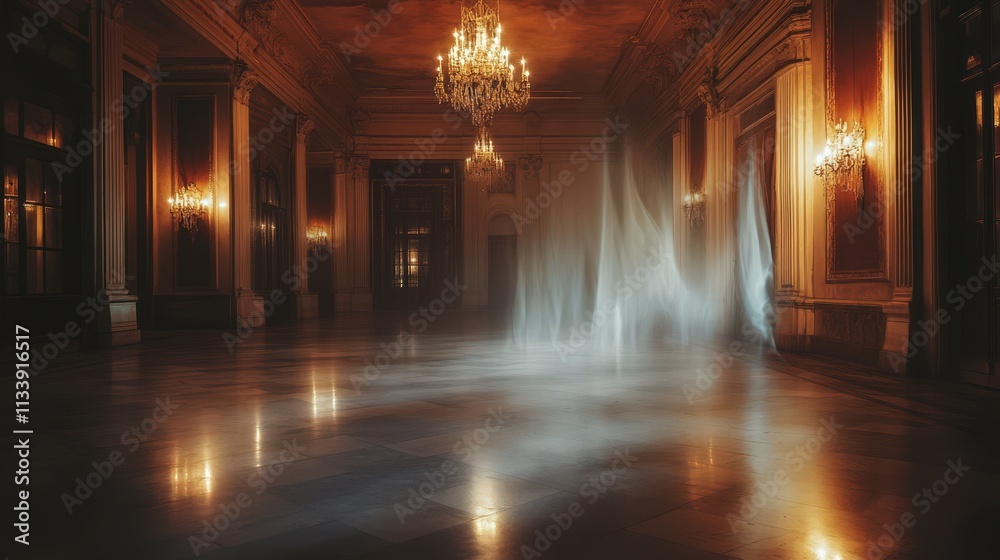 Elegant Hallway with Crystal Chandeliers and Marble Floor Elegant Hallway with Crystal Chandeliers and Marble Floor