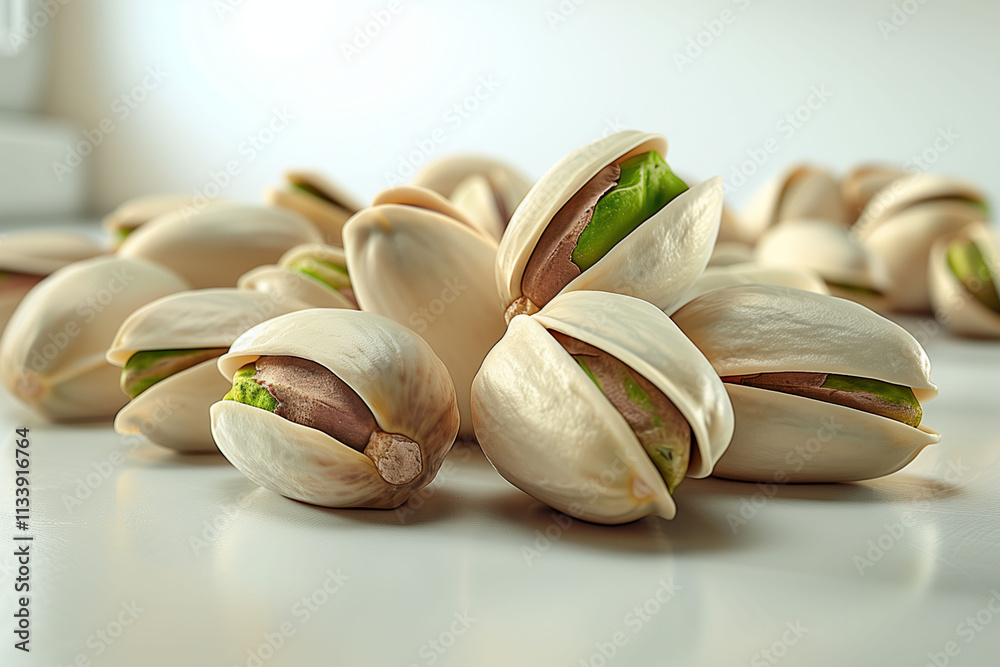 Heap of pistachio nuts on white table white background
Heap of pistachio nuts on white table white background