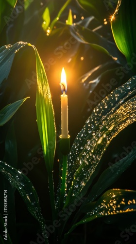 A single candle flame glows brightly amidst lush green leaves covered in dew drops, bathed in warm sunlight. photo