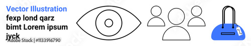 Eye icon, group of people icon, and calendar binding mechanism icon with placeholder text Lorem ipsum. Ideal for vision concepts, teamwork, organization, scheduling, collaboration, design