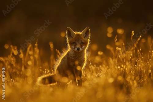 Young fox kit exploring spring meadow, golden hour light, fur texture details, with copy space photo