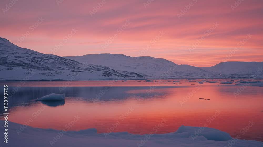 Arctic Elegance: Fiery Sunset Over Snow-Covered Peaks and Ice-Filled Waters Arctic Elegance: Fiery Sunset Over Snow-Covered Peaks and Ice-Filled Waters