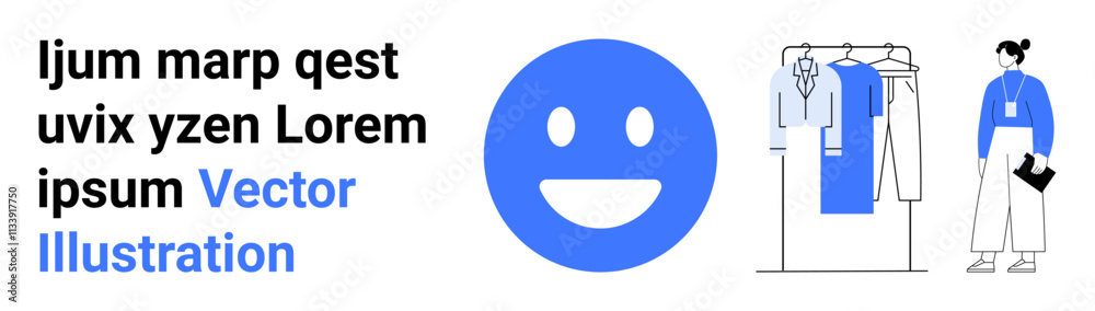 Blue happy face beside a clothing rack with various garments and a woman holding a booklet. Ideal for fashion blogs, e-commerce, lifestyle articles, modern design, social media posts, branding Blue happy face beside a clothing rack with various garments and a woman holding a booklet. Ideal for fashion blogs, e-commerce, lifestyle articles, modern design, social media posts, branding