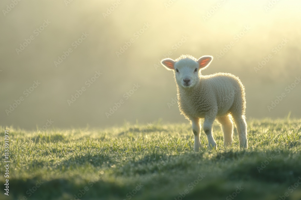 Young lamb in green pasture, morning mist and sunlight, wool texture details, with copy space