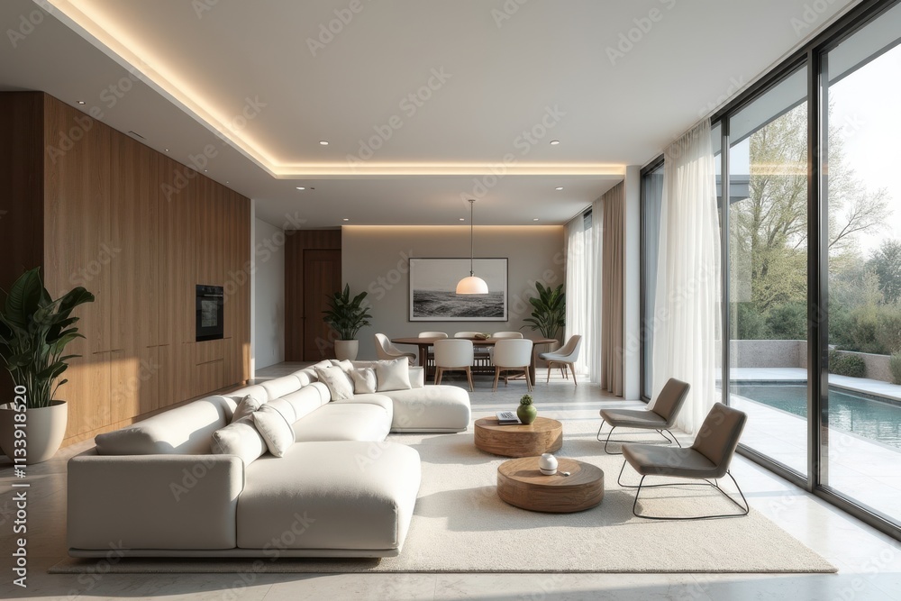 Modern Living Room with Elegant Furniture and Outdoor View Modern Living Room with Elegant Furniture and Outdoor View