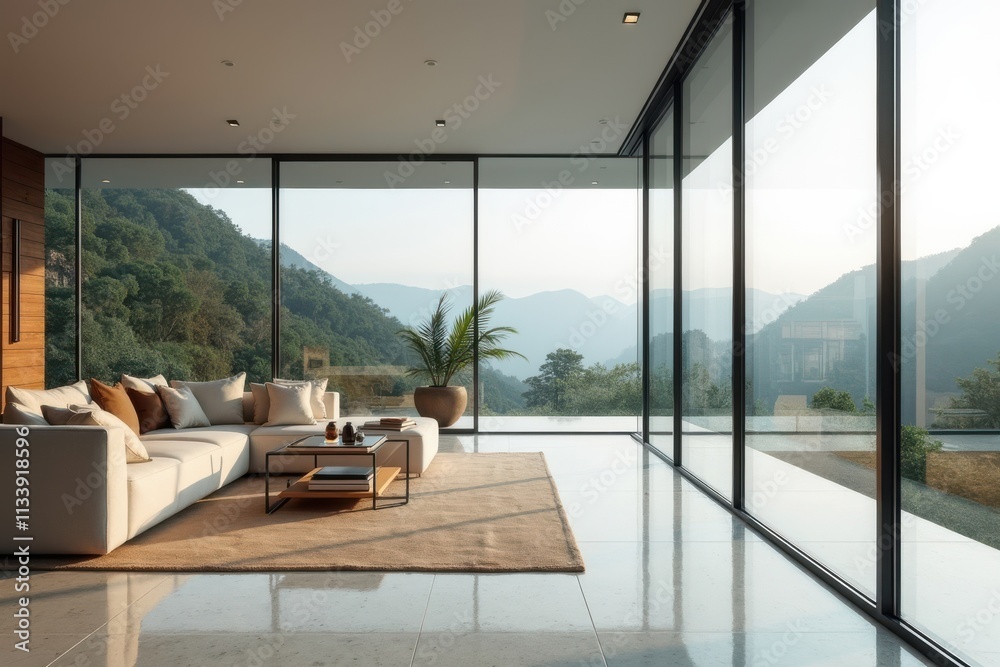 Fototapeta premium Modern Living Room with Mountain View and Natural Light