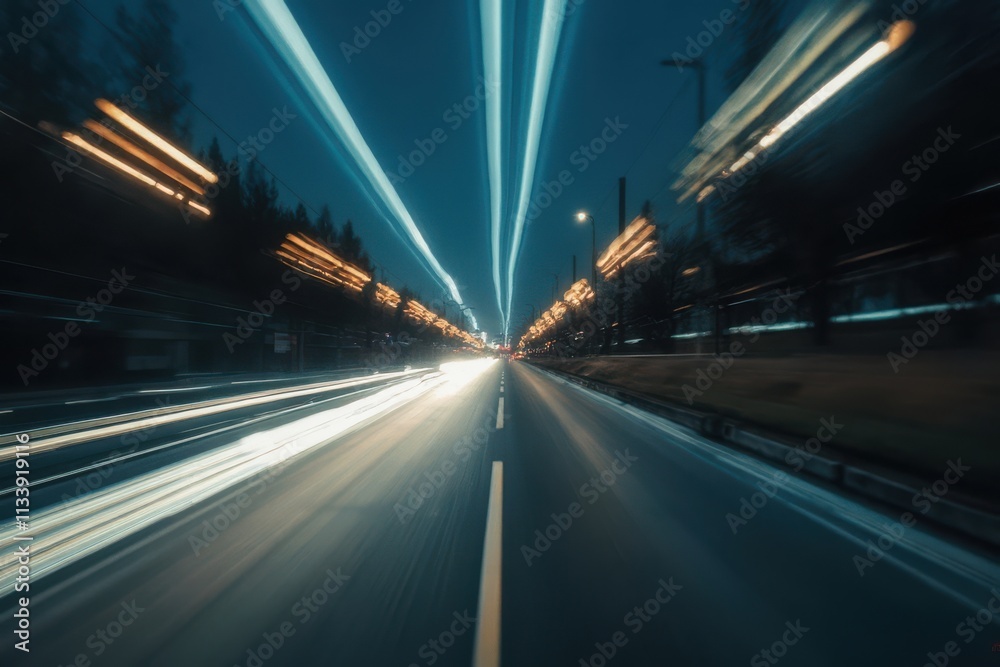 Dynamic Night View of a Blurred City Street with Light Trails Dynamic Night View of a Blurred City Street with Light Trails