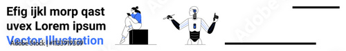 Scientist collaborating with humanoid robot, both analyzing data. Ideal for teamwork, future technology, robotics, science, innovation, AI research. Landing page