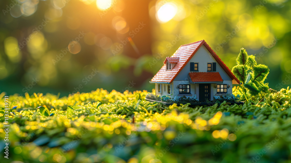Home and Life Concept - Small Model Home on Green Grass with Sunlight Abstract Background Home and Life Concept - Small Model Home on Green Grass with Sunlight Abstract Background