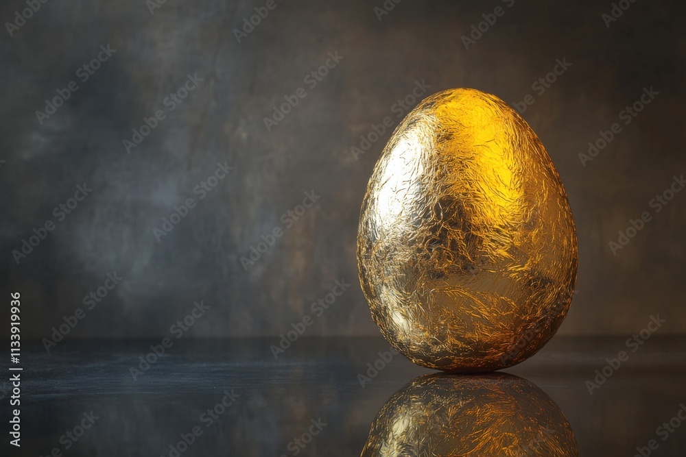 Fototapeta premium golden egg on reflective surface with dark background