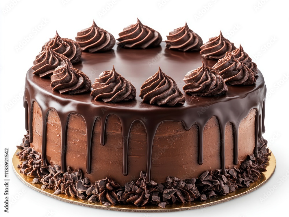 A rich chocolate cake with decorative frosting and chocolate drips, ideal for celebrations. A rich chocolate cake with decorative frosting and chocolate drips, ideal for celebrations.