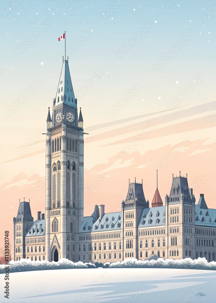 Obraz premium Snowy Canadian Parliament illustration at sunset