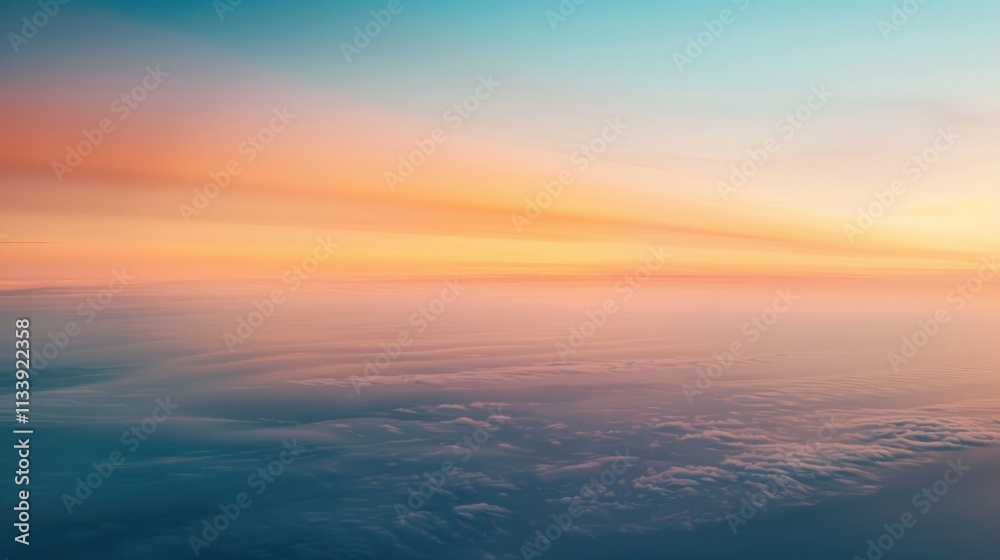 Fototapeta premium an abstract photograph of the horizon, the sky is orange and blue with some clouds, the ocean below has a slight fog over it