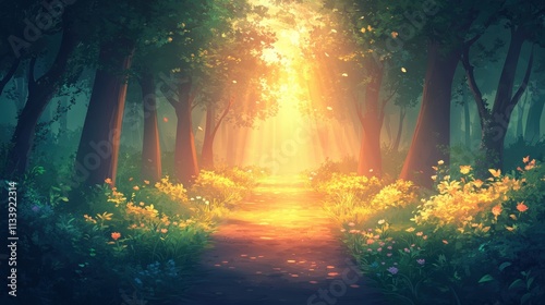 Serene forest pathway illuminated by sunlight tranquil nature scene soft focus landscape