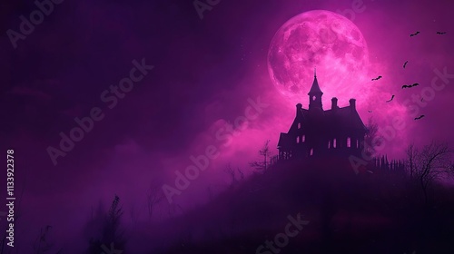 purple full moon over a spooky castle with bats flying in the sky