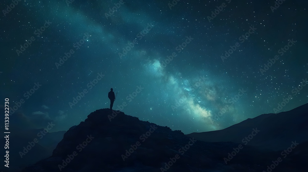 Solitary Figure Admires Celestial Milky Way Display Solitary Figure Admires Celestial Milky Way Display