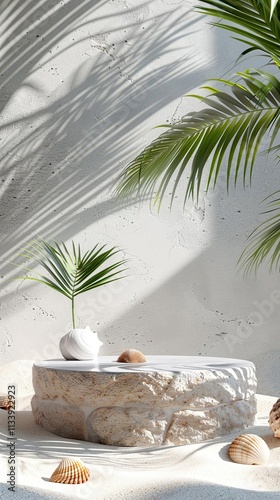 a white vase with a plant in it on a table photo