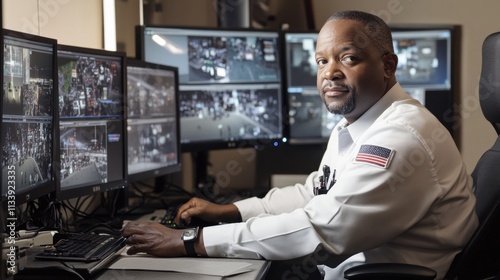 A security officer seated at a high-tech workstation, analyzing multiple monitors with detailed surveillance images