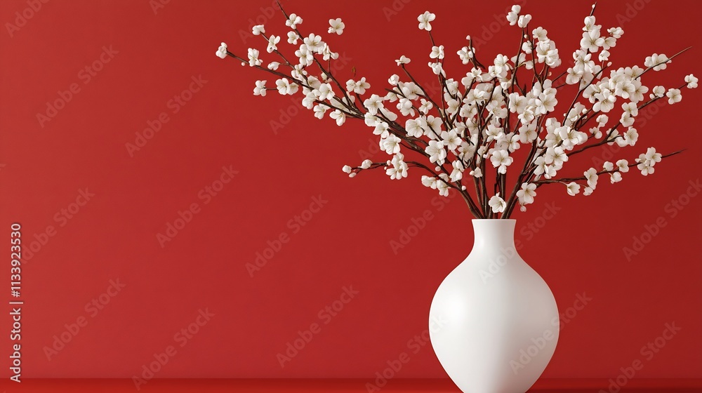 White Blossoms in a Vase Against a Red Background: A Minimalist Floral Still Life White Blossoms in a Vase Against a Red Background: A Minimalist Floral Still Life