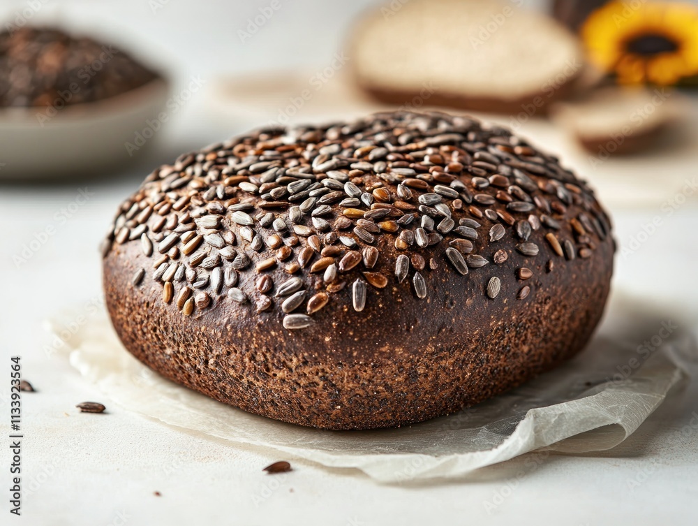 A loaf of bread topped with seeds, showcasing its texture and rustic appearance. A loaf of bread topped with seeds, showcasing its texture and rustic appearance.