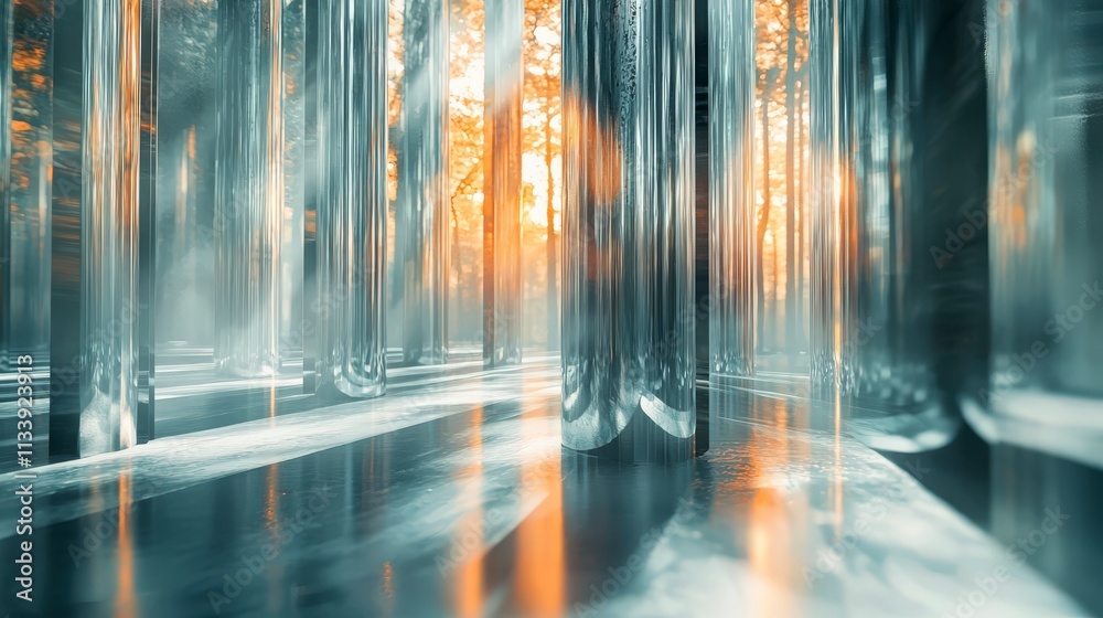 Mystical vertical beams in abstract forest enchanted nature scene captivating visuals ethereal light immersive perspective