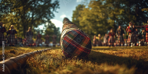 Scottish Highland Games, caber toss, tartan patterns, outdoors