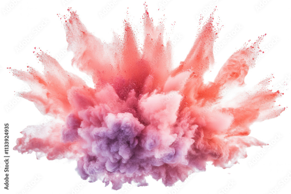 Fototapeta premium A vibrant cloud of dust bursts forth, showcasing swirling shades of pink and purple against a bright white background. The dynamic explosion appears to be suspended in time, creating a striking visual