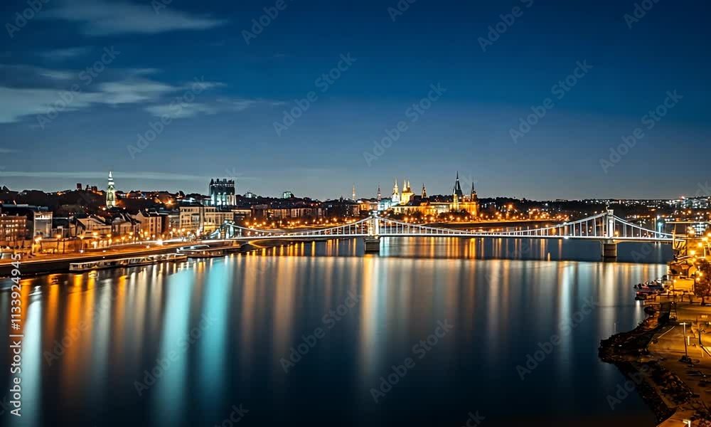 A nighttime cityscape reflecting on water, showcasing lights and architecture. A nighttime cityscape reflecting on water, showcasing lights and architecture.