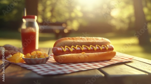 A simple yet delicious hot dog with sausage and classic condiments, served on a picnic table with a sunny backdrop photo